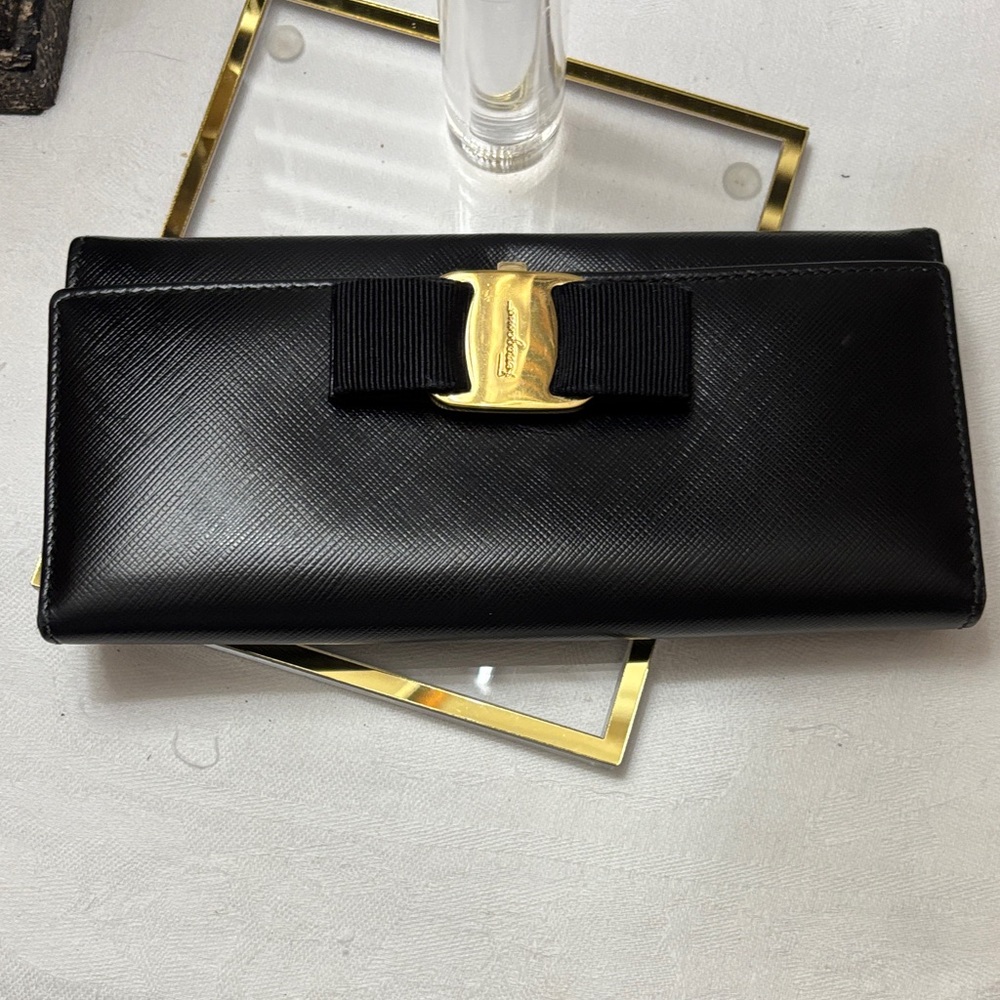 Salvatore Ferragamo Black Wallet with Gold Buckle